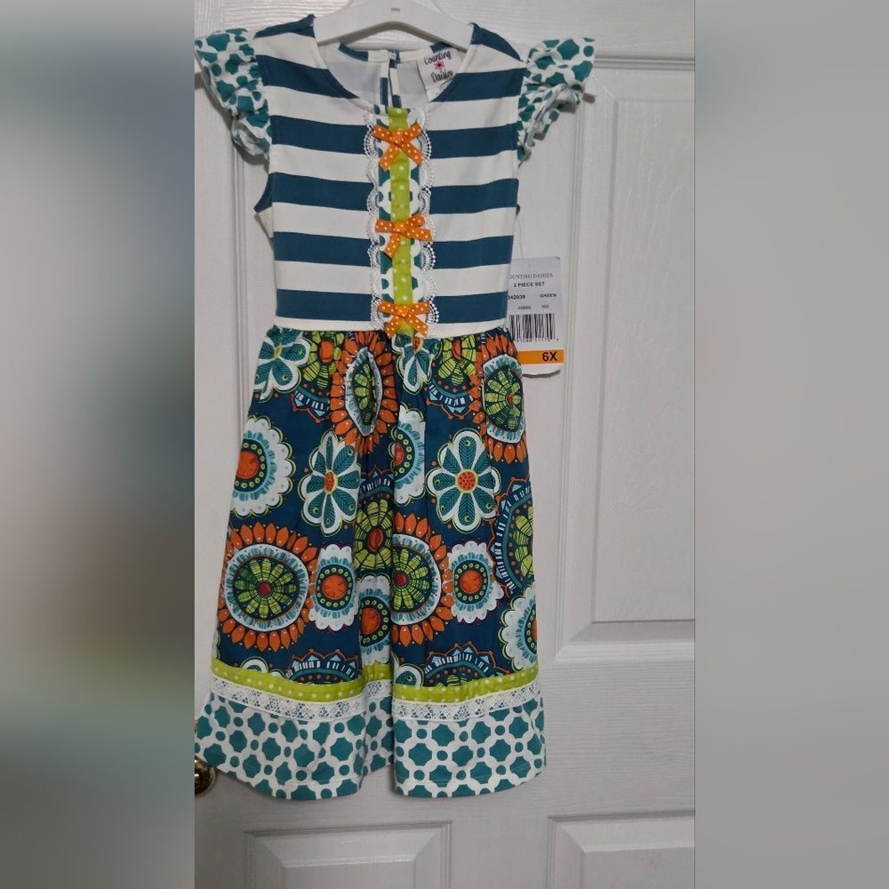 Counting Daisies 6X Girl's ShrtslvVibrant Blue Orange  Dress